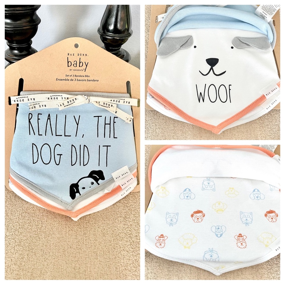 🆕Rae Dunn Set of 3 REALLY, THE DOG DID IT Baby Bandana Bibs